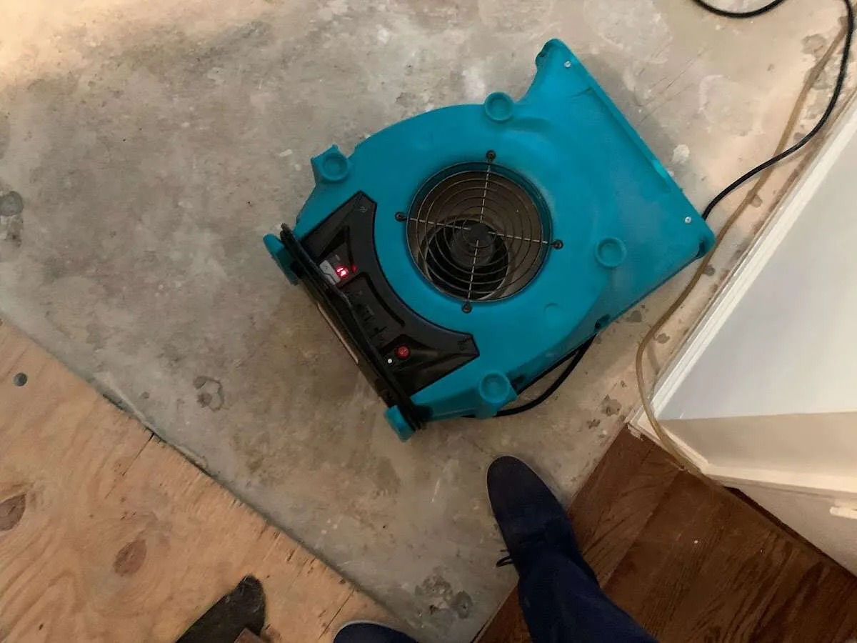 Air mover drying subfloor during Commercial Water Damage Restoration in Tipton